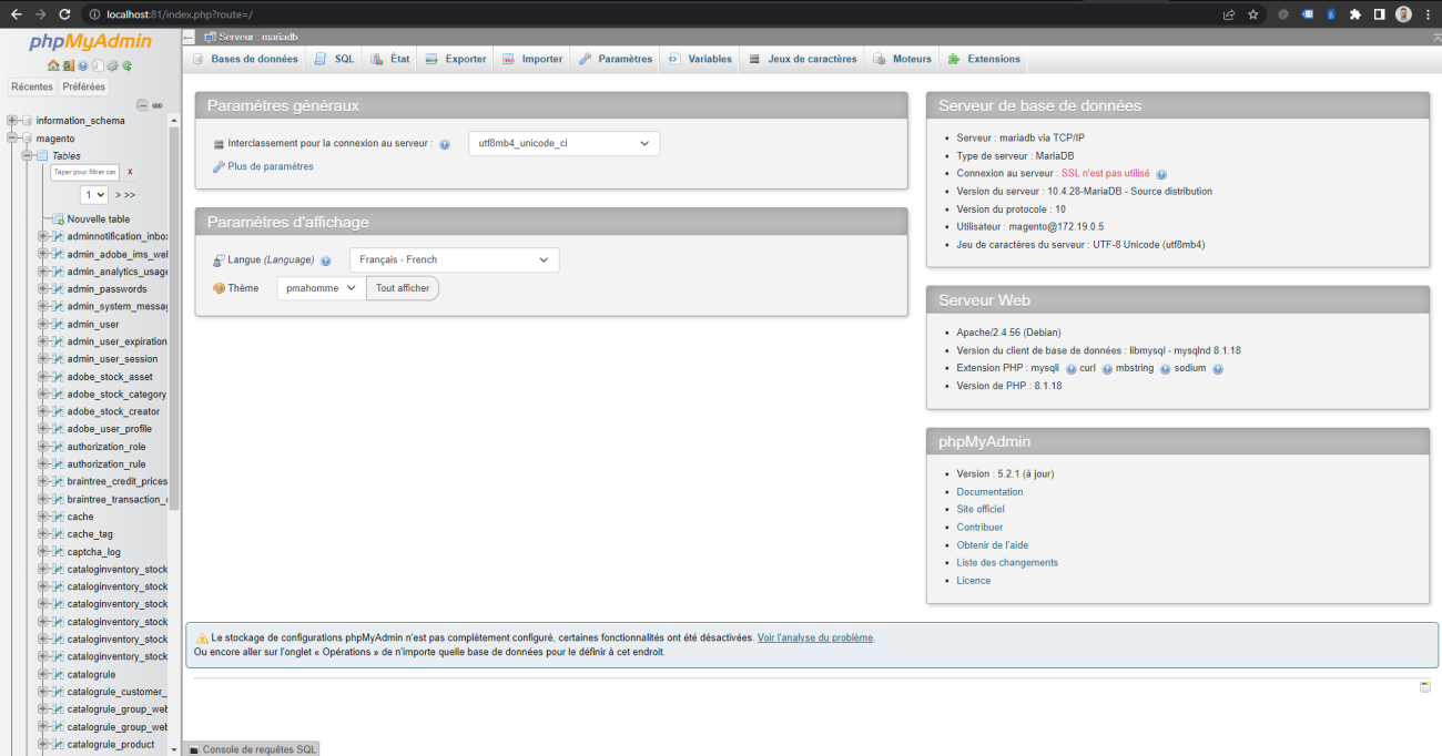 Screen de l'interface phpmyadmin après l'avoir installer via le docker compose